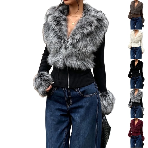 UDAUDU Women's Faux Fur Jacket Zip Up Collared Jacket Fall Winter Trendy Clothes Long Sleeve Slim Fit Going Out Coats S