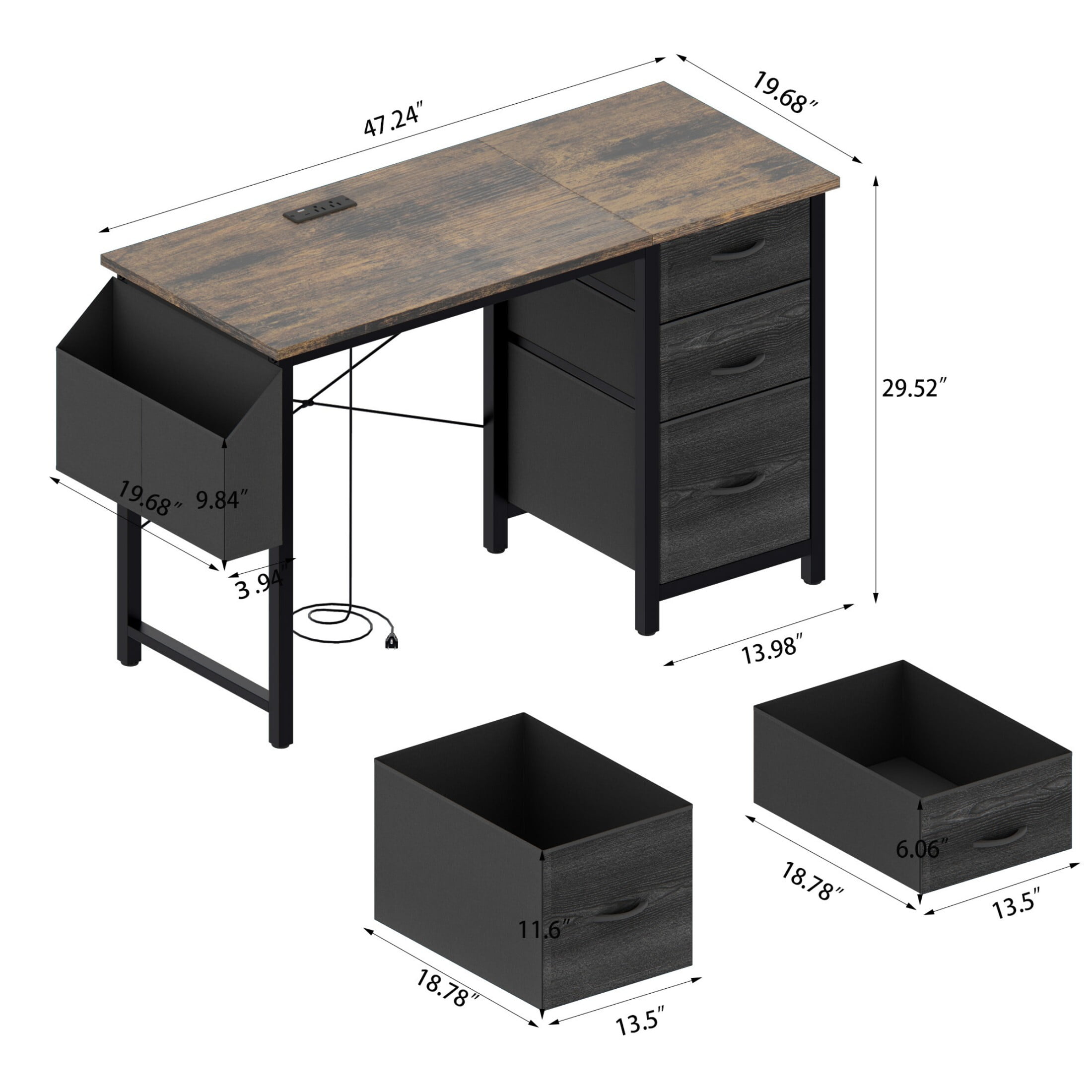 DEALTOPS Computer Desk with Power Outlets, Office desk with Reversible Fabric Drawers and Side Pocket, Rustic Brown