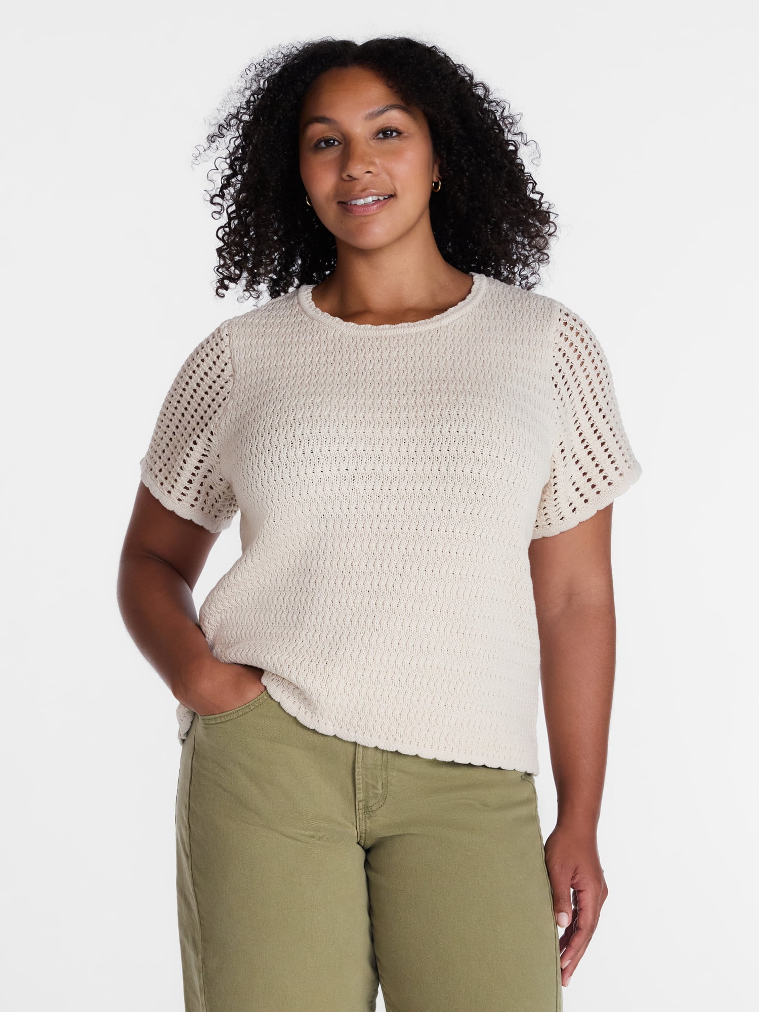Time and Tru Women's Textured Crewneck Sweater with Short Sleeves, Lightweight, Sizes XS-XXXL