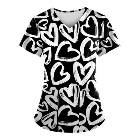 

DNDKILG Women s V Neck Pockets Uniform Valentine s Day Working Scrubs Top Casual T Shirt Short Sleeve Holiday Nursing Scrubs White L