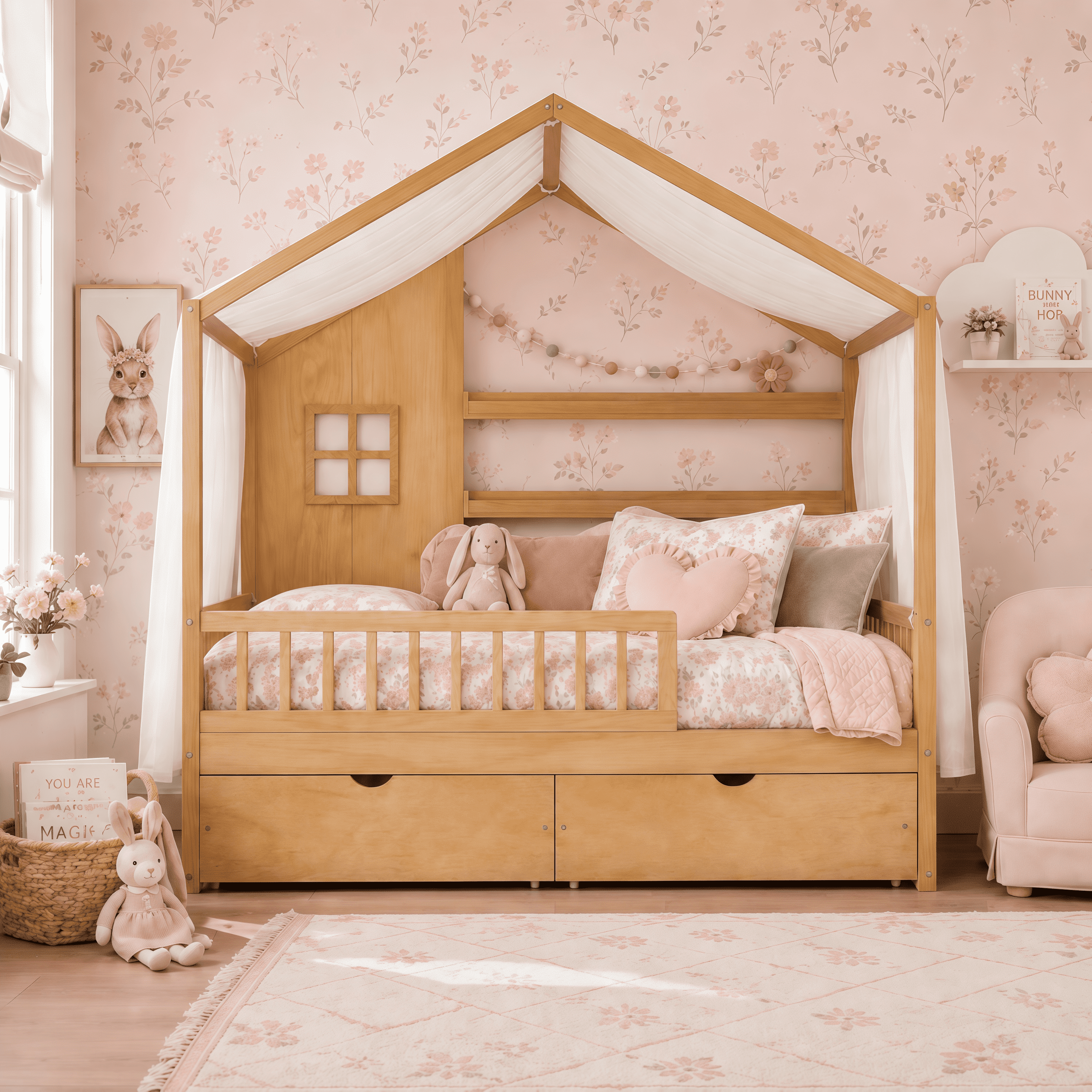 Euroco Wood Twin Size House Bed with Roof and Curtains, Montessori Floor Bed with Drawers and Safety Guardrails,No Box Spring Needed, Natural
