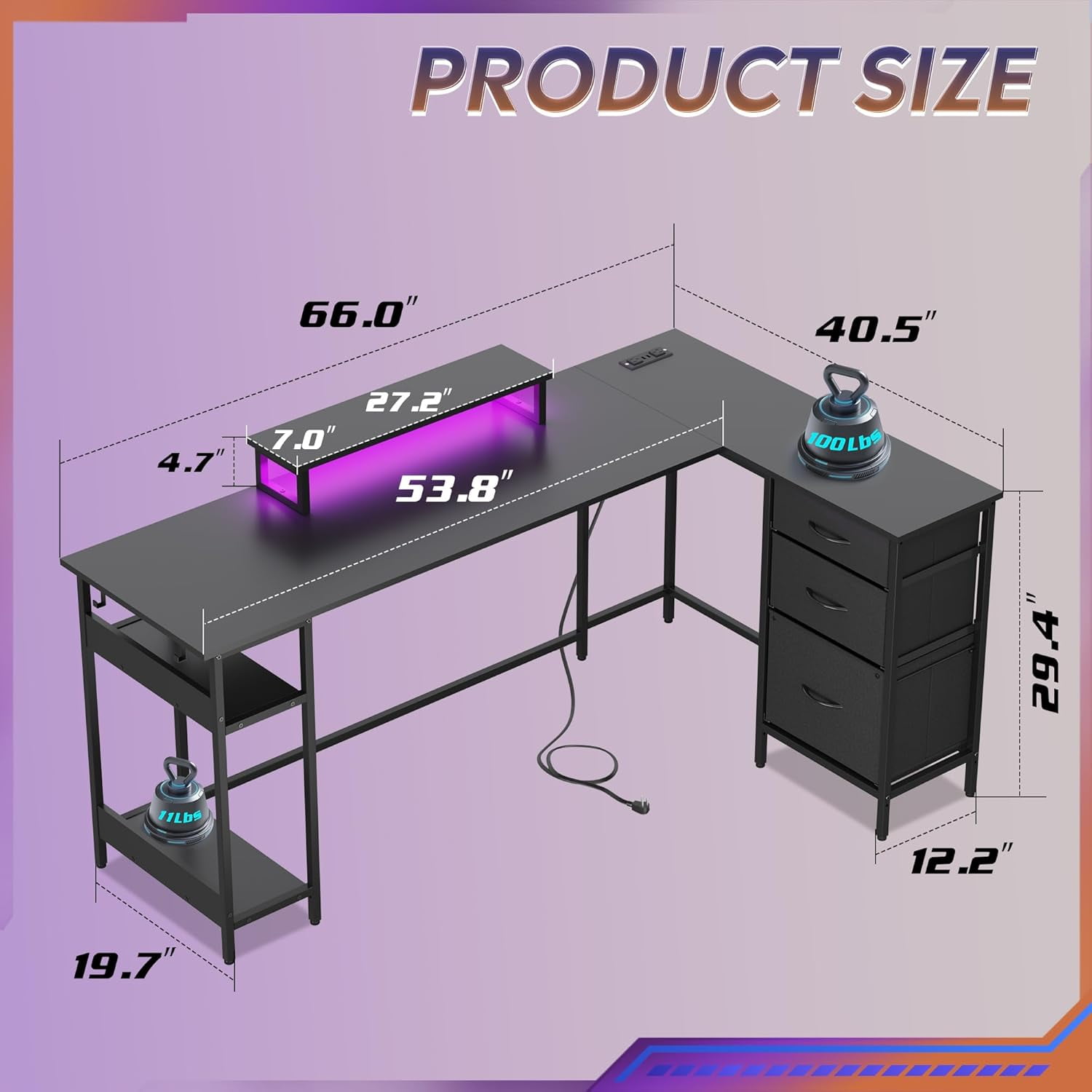 L Shaped Desk with Drawers, L Shaped Gaming Desk with Power Outlets, LED Lights, Monitor Stand, Computer Table, Large Corner Desk for Home Office (Black, 66 Inch)