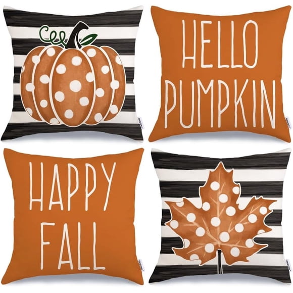 Housses de Coussin Décoratives d'Automne 16x16 Ensemble de 4 Pois Citrouille Feuille d'Érable Joyeux Automne Rayures Extérieures Coussins Décoratifs pour Canapé Ferme Orange Action de Grâce