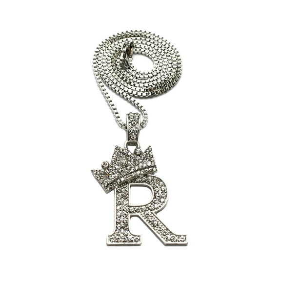 Stone Stud Allover Tilted Crown Initial R Pendant w/ 2mm 24" Box Chain Necklace, Silver-Tone