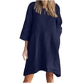 thumbnail image 2 of Liquidation d'Été 2025! Robe Grande Taille pour Femmes, Liquidation de Robe d'Été pour Femmes, Robe Décontractée à Manches 3/4 Col Rond Imitation Coton et Lin Couleur Unie avec Poches, 2 of 5