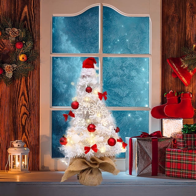 Fiudx Mini Árbol de Navidad de 45 Cm con Diseño Flocado Blanco, Iluminado con Luces Led Cálidas, Elegante Decoración de Escritorio, Ambiente Festivo, Decoración Navideña para El Hogar y La Oficina, T