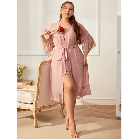 

Women s Plus Contrast Lace Flounce Sleeve Belted Sleep Robe Without Lingerie Set 4XL(20) Baby Pink Elegant F22001D