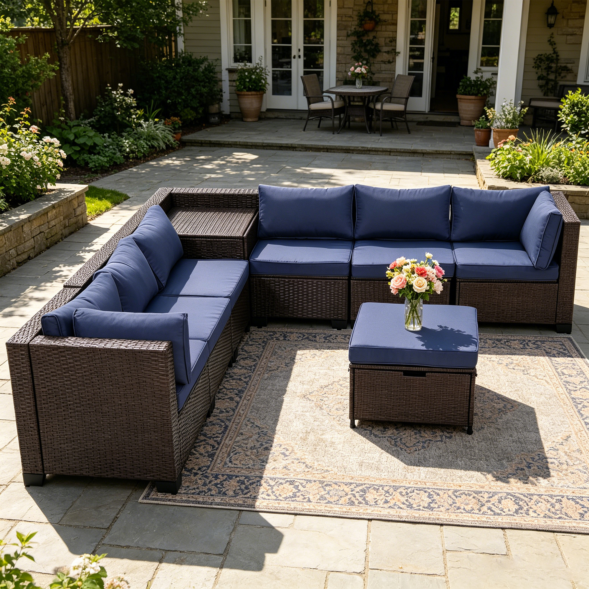 Ainfox 8 Piece Outdoor Patio Rattan Sectional Storage Furniture Set, All Weather PE Wicker Modular Conversation Sofa with Ottoman & Side Box for Backyard Pool Deck, Navy Blue