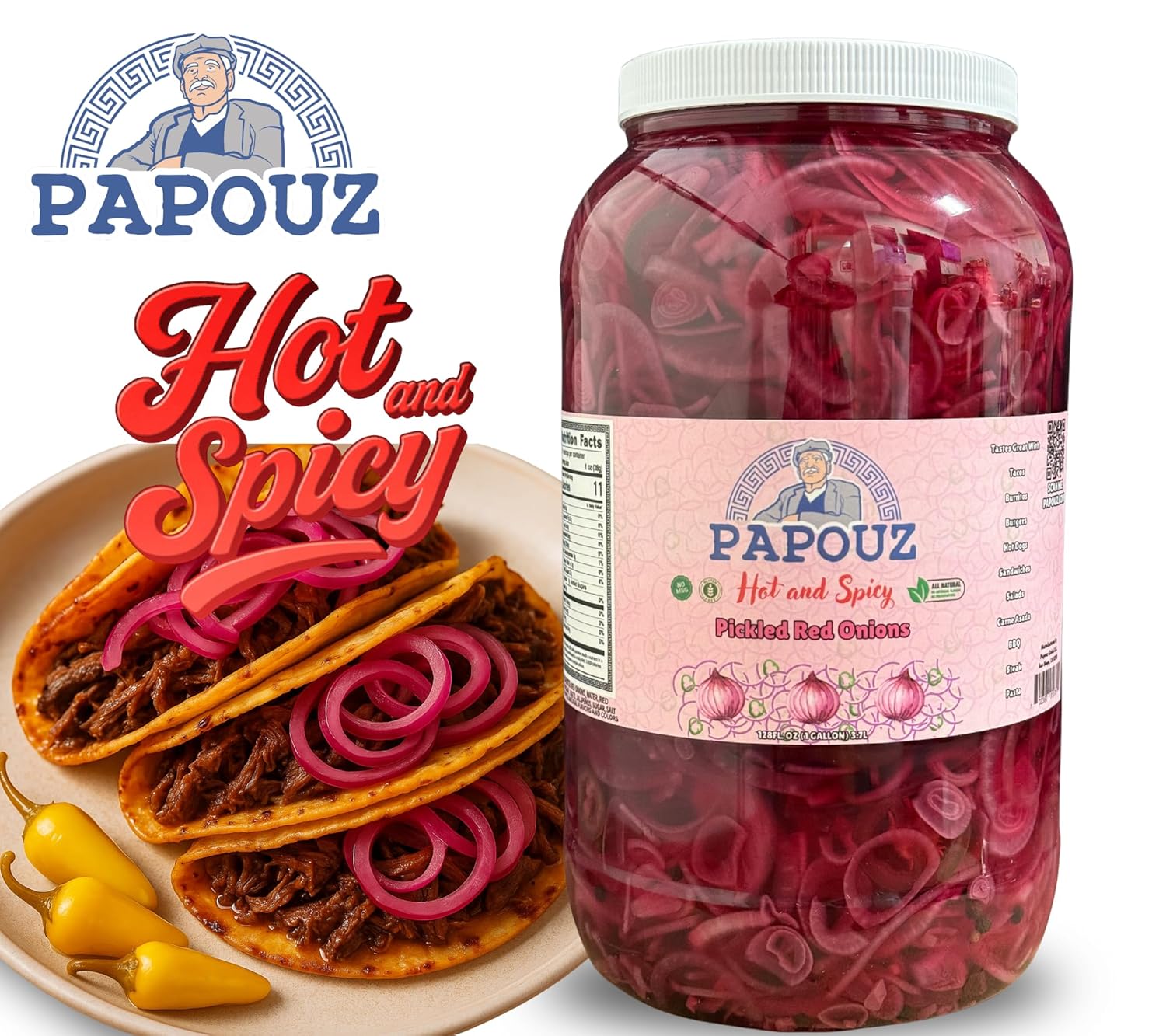 Papouz 64 Oz Hot & Spicy Pickled Red Onions Jar All Natural, Premium Red Onion & Jalapeño Blend w/ Vegetables, Low Calorie, Gluten Free, Fat Free, No Preservatives, Low Sugar