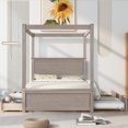 thumbnail image 3 of Full Size Canopy Bed with Trundle and 2 Drawers, 4 Poster Canopied Bed with Headboard and Footboard, Platform Bed Frame with Slats Support, for Kids, Teens, Adults, No Box Spring Needed, Light Brown, 3 of 9