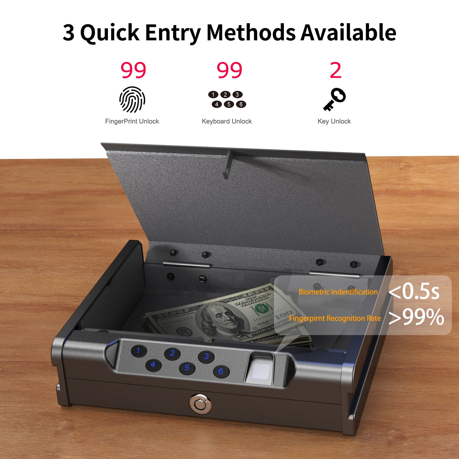 Gun Safe,Biometric Pistol Safe Gun Locker Box with  Control and Fingerprint 5-Quick Access Unlock, Gun Case Handgun Safe for 2-3 Pistols,Black