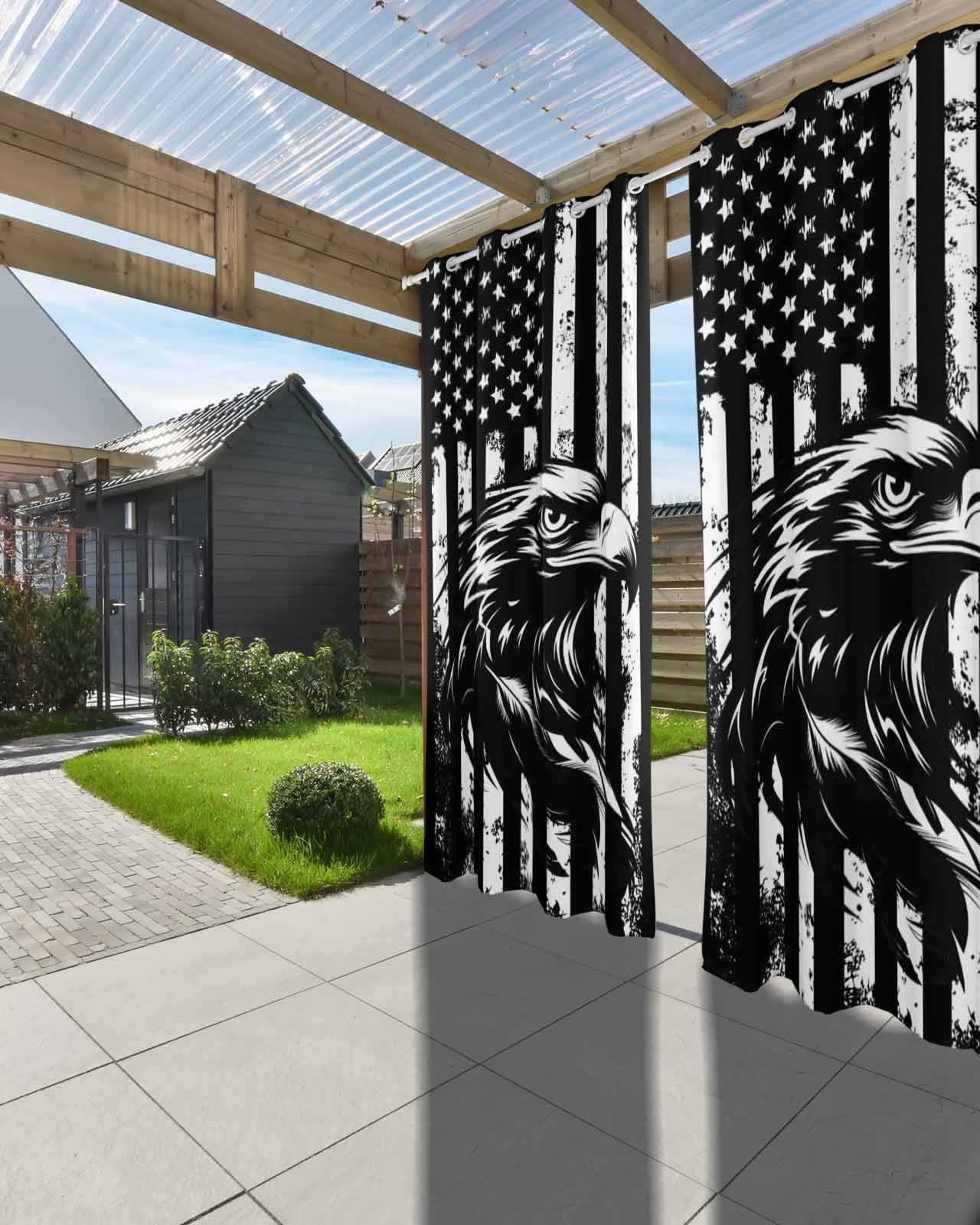 American Flag Outdoor Curtains for Patio, Black US Flag Eagle Privacy Drapes Grommet Waterproof Outside Curtains for Porch/Cabana/Balcony 54"x 108", 1 Panel