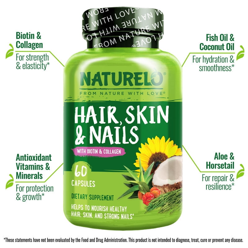 NATURELO Hair, Skin and Nails Vitamins - 5000 mcg Biotin, Collagen, Natural Vitamin E - Supplement for Healthy Skin, Hair Growth for Women and Men – 60 Capsules