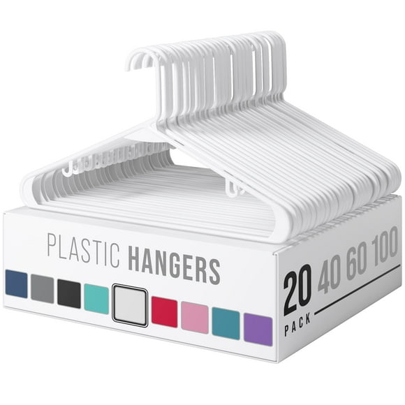 Cintres à Vêtements en Plastique Blancs - Cintres Robustes et Durables pour Manteaux et Vêtements / Cintres aux Couleurs Vives / Cintres à Lessive Légers et Gain de Place (Lot de 20 - Blanc)