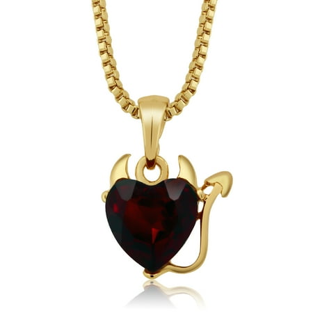 Yellow Gold Color Devil Heart Silver Plated Pendant with Red Crystal and 16" Box Chain