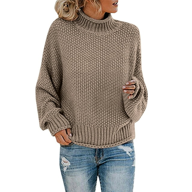 GDREDA Womens Turtleneck Oversized Sweaters Batwing Long Sleeve Pullover Loose Chunky Knit Jumper Khaki,XXL