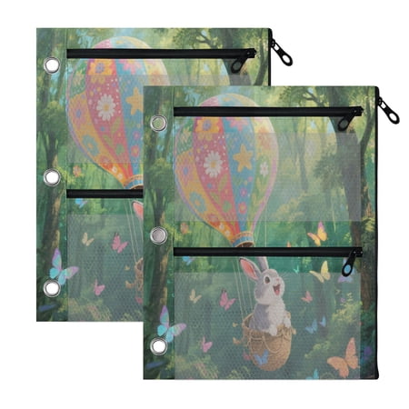 2 Pack 3-Ring Binder Pencil Pouch with Clear PVC Windows Rabbit and Butterflies Large Capacity Stationery Bag for Classroom Office Supplies