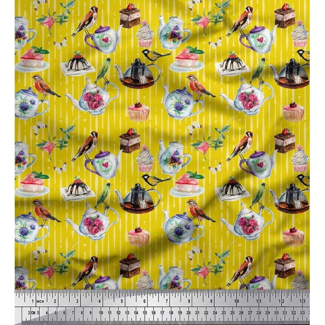 Soimoi Moss Georgette Fabric Bird,Tea Kettle & Cupcake Food Fabric Prints by Yard 42 Inch Wide