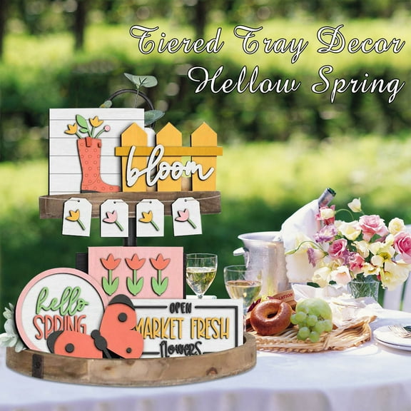 Desktop Decor,For Easter Decor Spring Mini Tiered Tiered Tray Decor Market Spring Kitchen Signs Wood Home Fresh Spring Decor Flat Decor Flower DIY Tray Decorations Desktop Ornament
