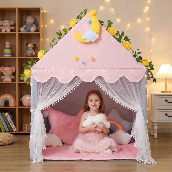 PigPigPen Kid Tent with Mat & Star Lights: Kids Play Tents for Toddlers & Indoor Playhouse - Princess Tent for Girls Toy House Gift (Gray with Mesh)