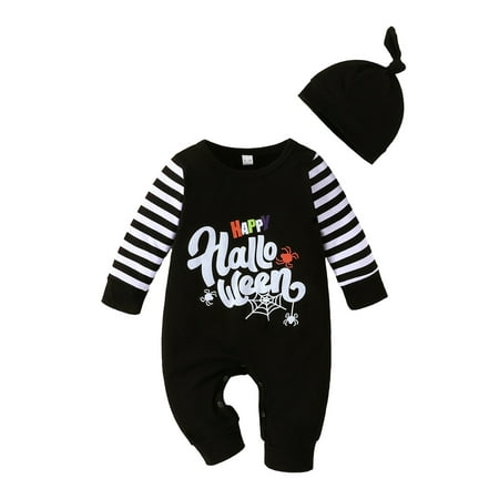 

Hirigin Baby Boy Halloween Outfits Pumpkin/Spider/Letter Print Romper with Hat