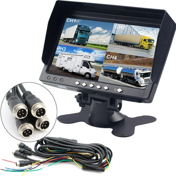 7-inches IPS Monitor 4ch Car Rear View Quad Split,Remote Control, 4-PIN Aviation Connect Video Inputs - 12V-24V 800X480HD for Truck RV Bus Car Vehicle Reversing Backup Rearview Cameras Monitor
