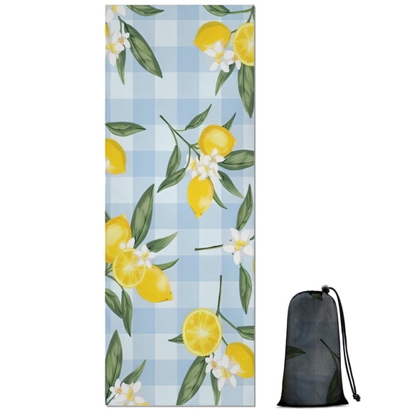 Yellow Lemon Fruit Flowers BlueWhite Pattern Hot Yoga Mat Towel Non Slip for Hot Yoga - Quick-Drying Yoga Mat Cover with 4 Corner Pockets with Travel Bag - Hot Yoga Towel Non Slip 70"x26"