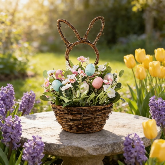 Rattan Bunny Ear Easter Basket Centerpiece, Pre-Filled with Florals & Easter Eggs for Easter Home Decor