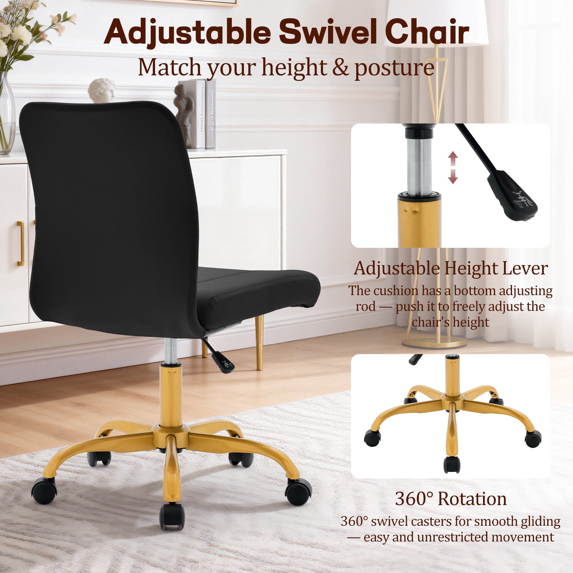 Korser Armless Home Office Desk Chair with Back Modern Vanity Chair with Adjustable Height,360° Swivel Task Chair,Velvet,Black