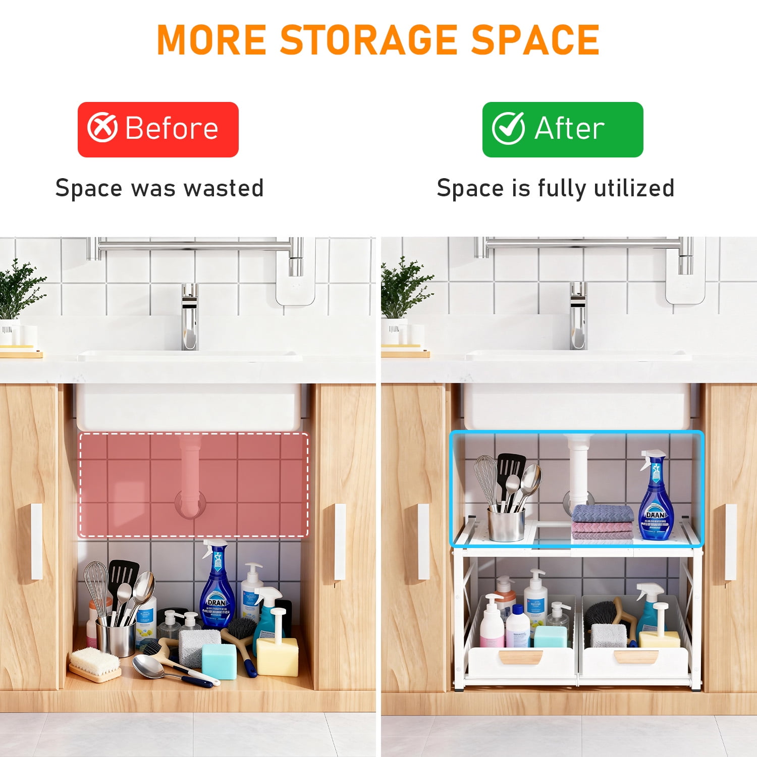 2 Tier Under Sink Organizer and Storage, Expandable Length 21.5"-31.8", Height Adjustable, 2 Sliding Drawers & Movable Top Shelves, for Bathroom & Kitchen, White