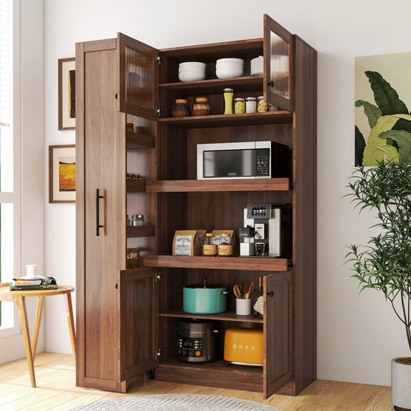 Aukfa Kitchen Pantry Cabinet with Expandable Pull-Out Organizers,Multi-Tier Storage Cabinet for Kitchen/Dining Room/Office,Walnut