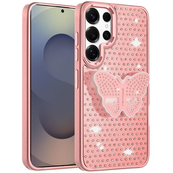 Case for Samsung Galaxy S25 Ultra Butterfly Moveable Grip 3D Pop Stand Full Diamond Bling Sparkling TPU Fashion Hybrid, XPM Phone Cover fit Galaxy S25 Ultra [Pink]