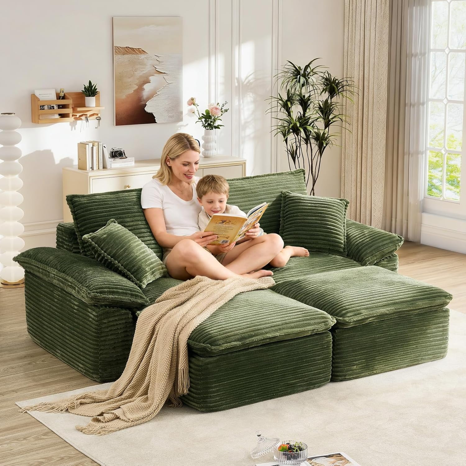 Aukfa 4-Piece Modular Sectional Sofa, Corduroy Convertible Double Chaise Lounge with Ottomans, Green