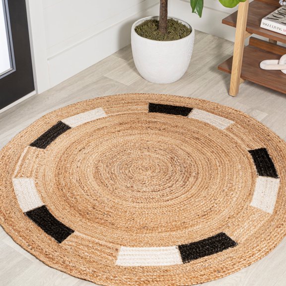 JONATHAN Y ANSA 4' Round Area Rug, Porto Jute Circle - Natural/Cream/Black, RNF106A-4R