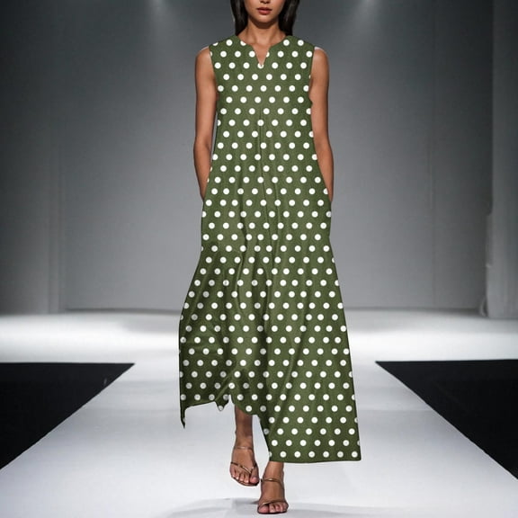 MIANHT Women's Dress Fashion Polka Dots Drop Shoulder Mid-Length Dress Casual Slim Fit Sleeveless Wrap Sundress