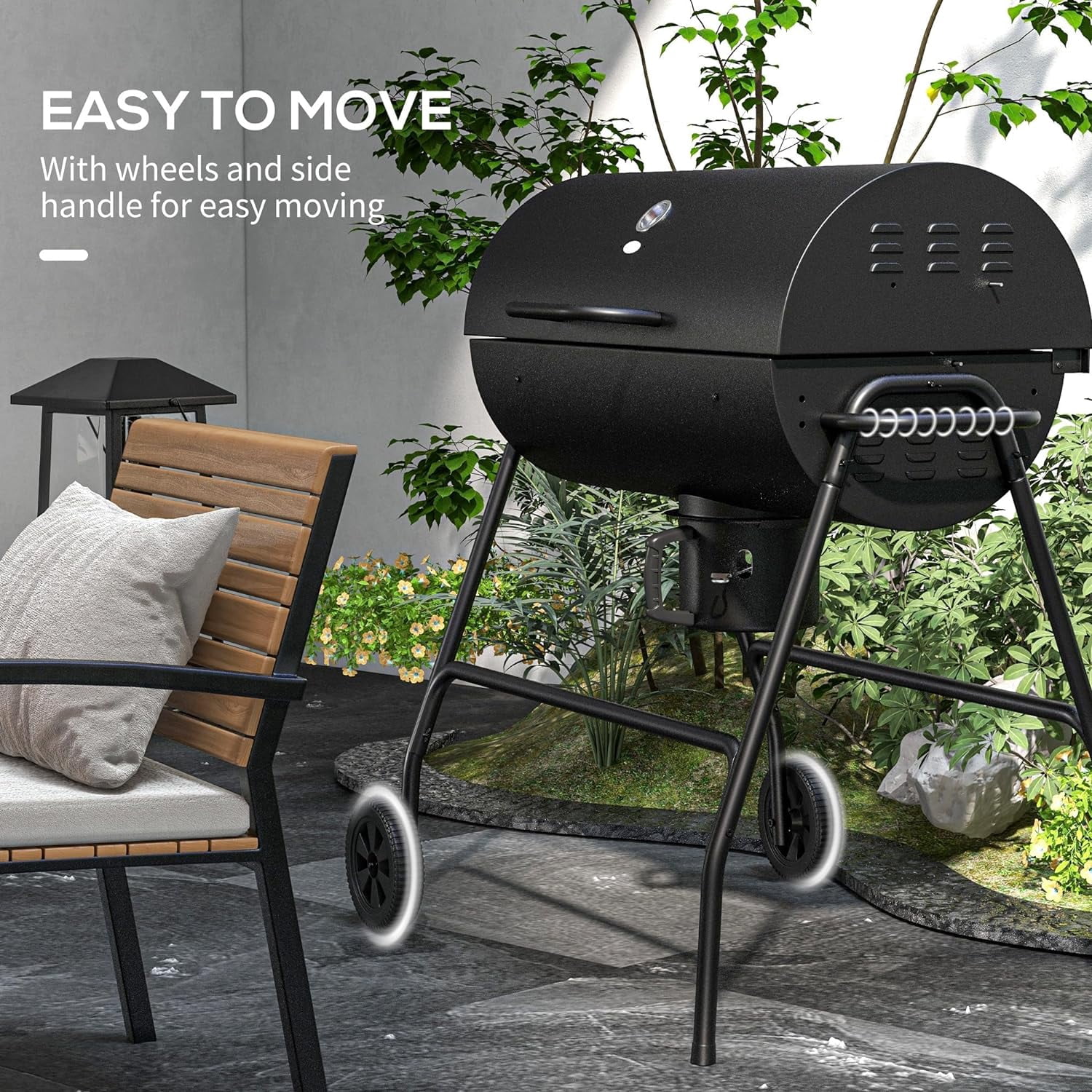 Barrel Charcoal BBQ Grill with 420 sq.in. Cooking Area, Outdoor Barbecue with Wheels, Ash Catcher and Built-in Thermometer for Patio Picnic, Backyard Party, Black