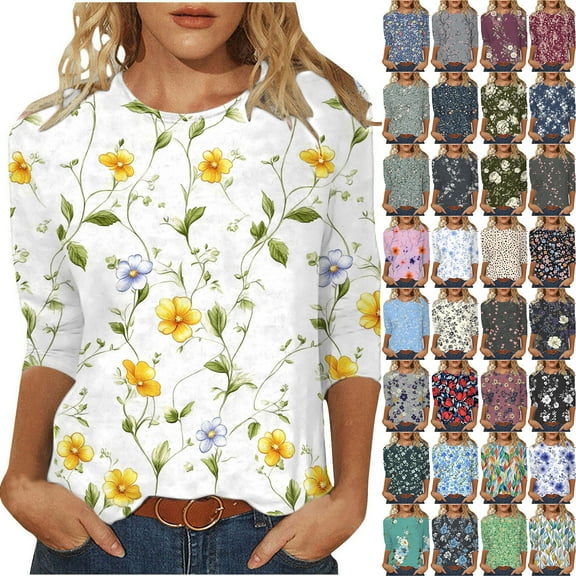 Jsaierl 3/4 Length Sleeve Tops for Women Dressy Casual Boho Floral Print Blouses Trendy Crew Neck T Shirts Summer Clothes
