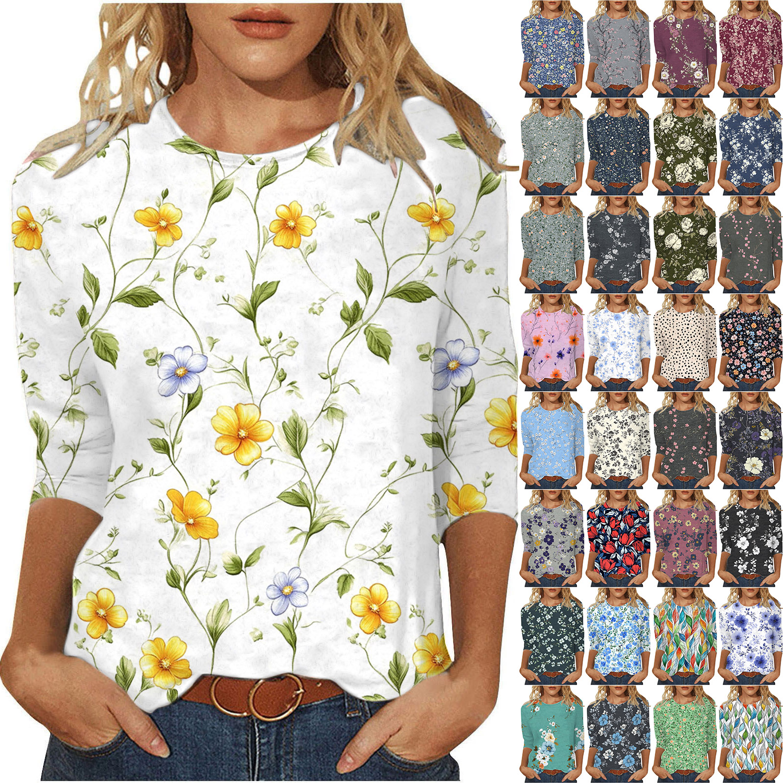 Jsaierl 3/4 Length Sleeve Tops for Women Dressy Casual Boho Floral Print Blouses Trendy Crew Neck T Shirts Summer Clothes