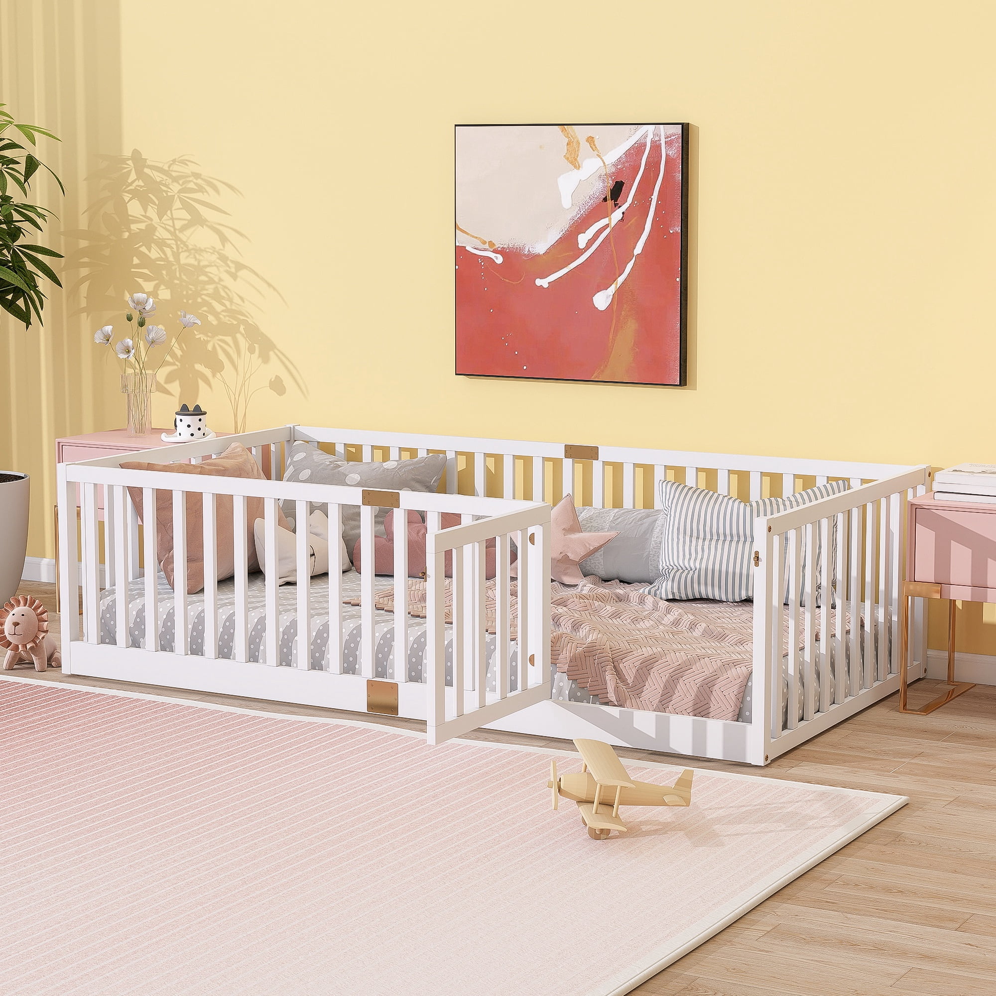 Sesslife Twin Size Floor Bed with High Fence & Door, Wood Twin Bed Frame with Salts and 21.5” Safety Guardrails, Twin Floor Bed for Boys Girls, No Box Spring Needed, White