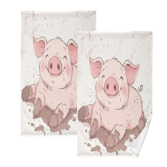 Pink PigTwo-piece Cotton Towel Set, Absorbent, Soft And Comfortable 16 x 28 in Rectangle, Printed on One Side, Versatile