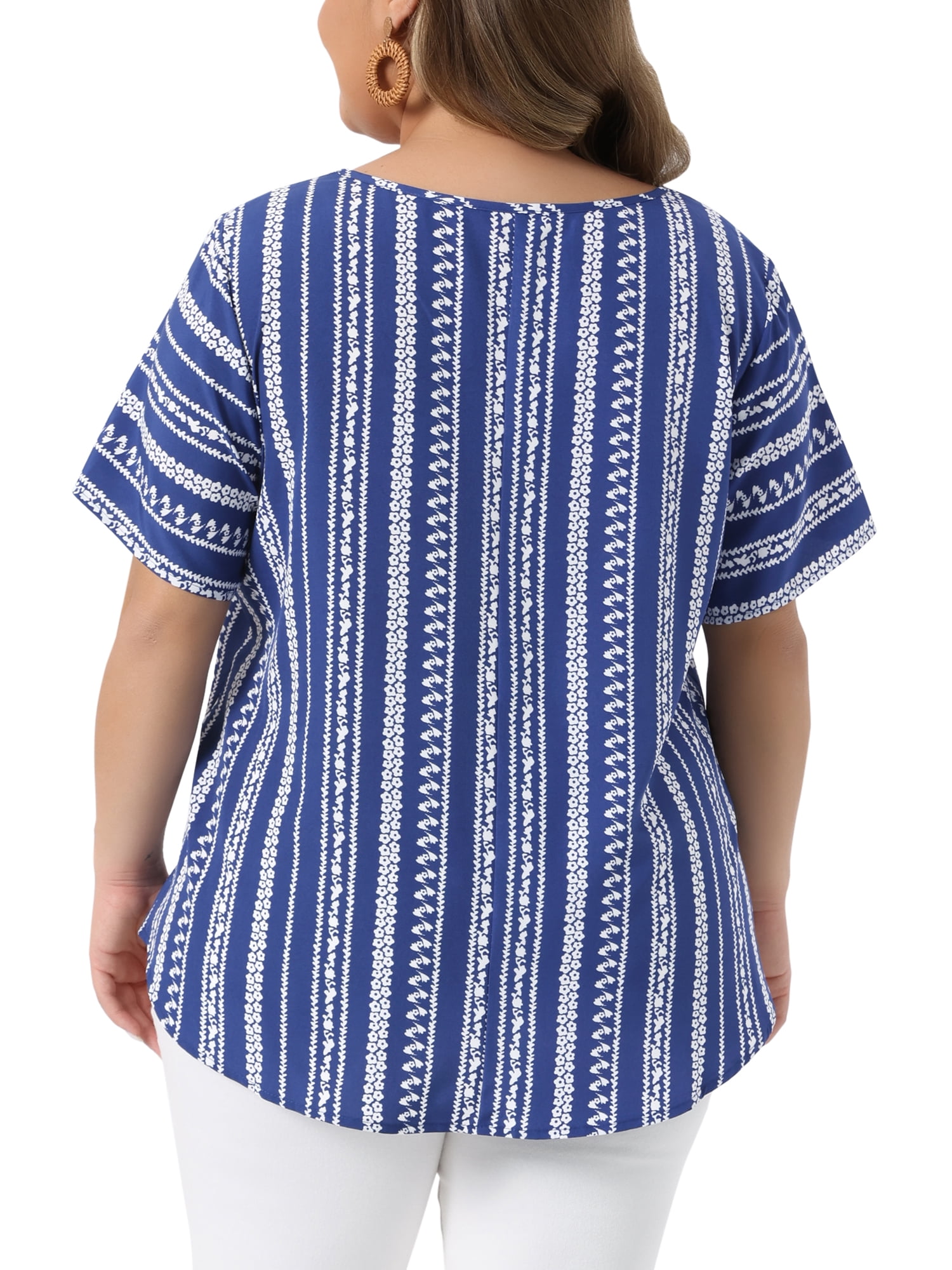 DARING DIVA Women's Plus Crew Neck Short Sleeve Boho Striped Blouse Top 2X Dark Blue