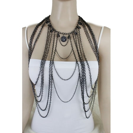 Women Fashion Jewelry Set Black Metal Body Chain Long Pool Necklace Coin Charms
