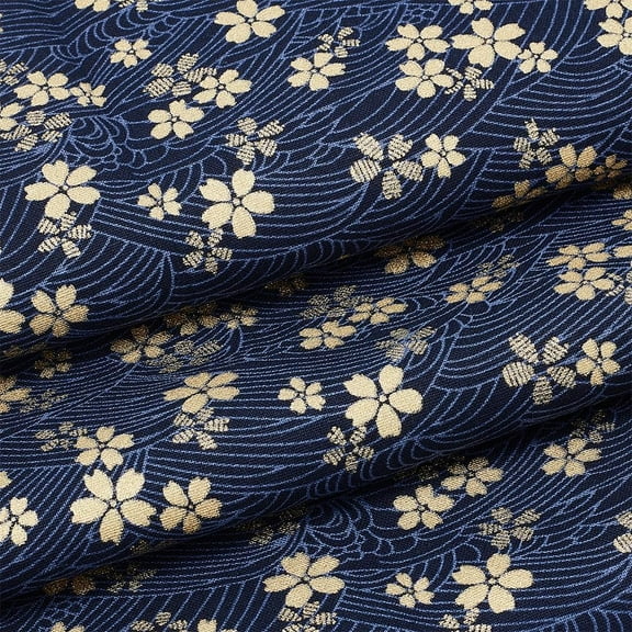 1 Yard 59 Inch Blue Cotton Fabric Japanese Sakura Quilting Bundles Gold Cherry Blossoms and Waves Print for DIY handcrafting