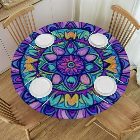 

Qinduosi Boho Purple Flower Elastic Edge Round Tablecloth Bohemian Mandala Fitted Round Table Cover Waterproof Wipeable for Parties Table Kitchen Decor 54 -58
