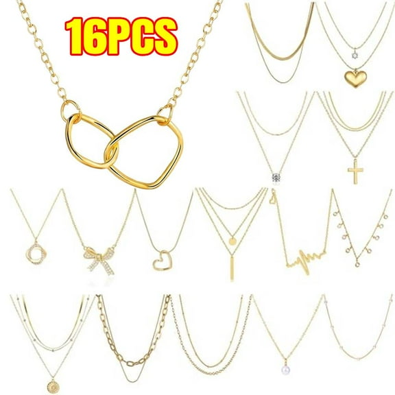 16Pcs Gold Necklaces Set for Women 14k Gold Plated Dainty Trendy Pendant Chain Choker Pack Multilayer Necklace Set for Women Adjustable Jewelry Gift