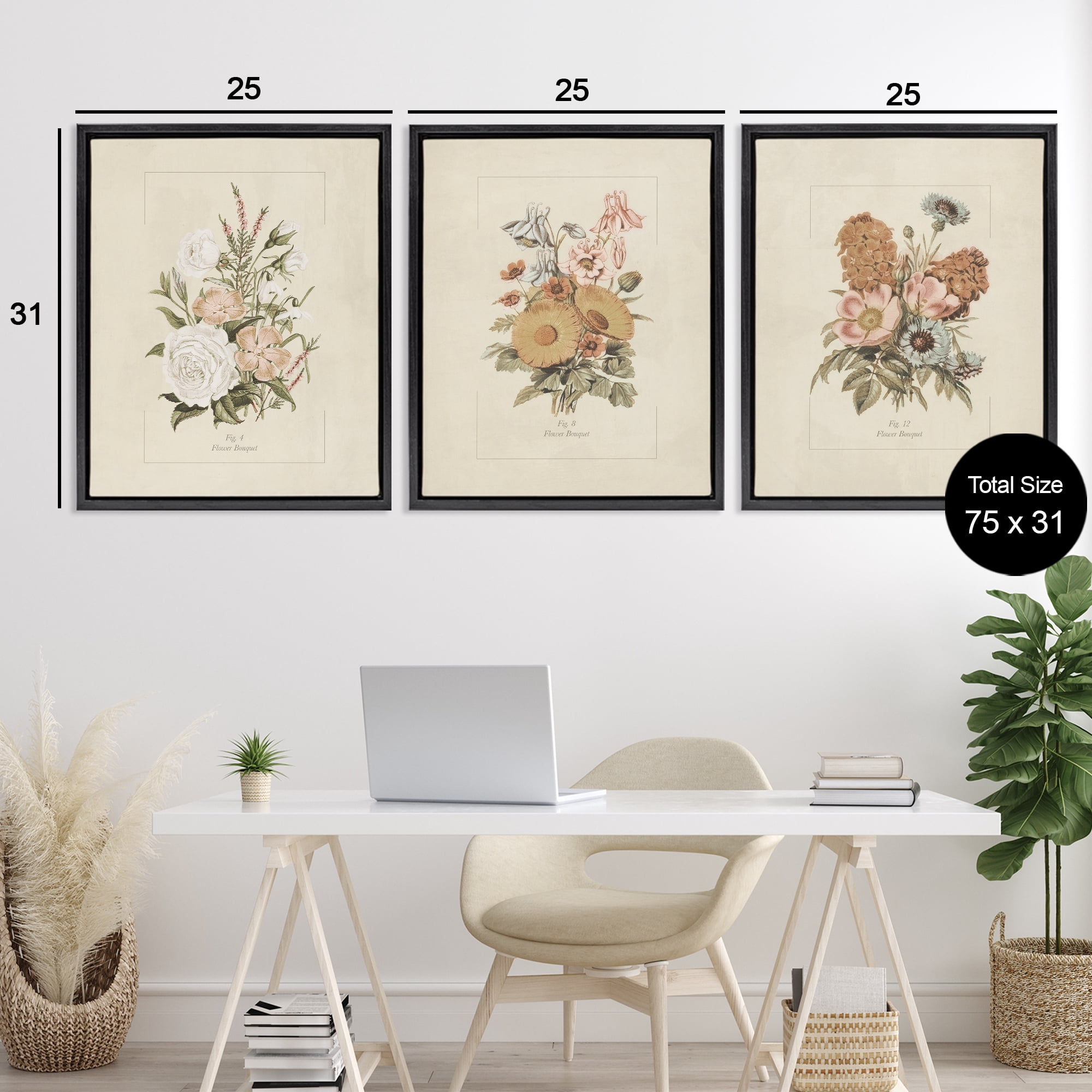 Stupell Industries Neutral Bouquet Studies 3 Piece Black Framed Floater Canvas Set, design by Dan Meneely