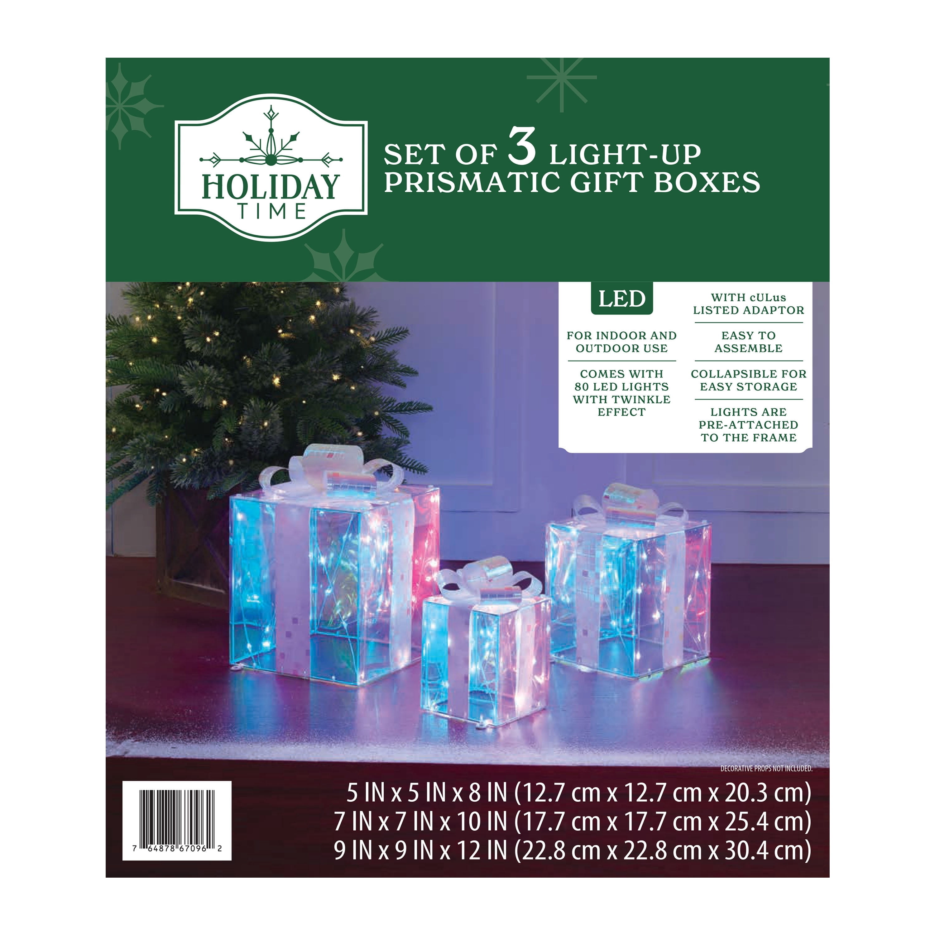 Indoor/Outdoor Light-Up Prismatic Gift Boxes Christmas Decorations with 80 LED Lights, Cool White, Set of 3, by Holiday Time