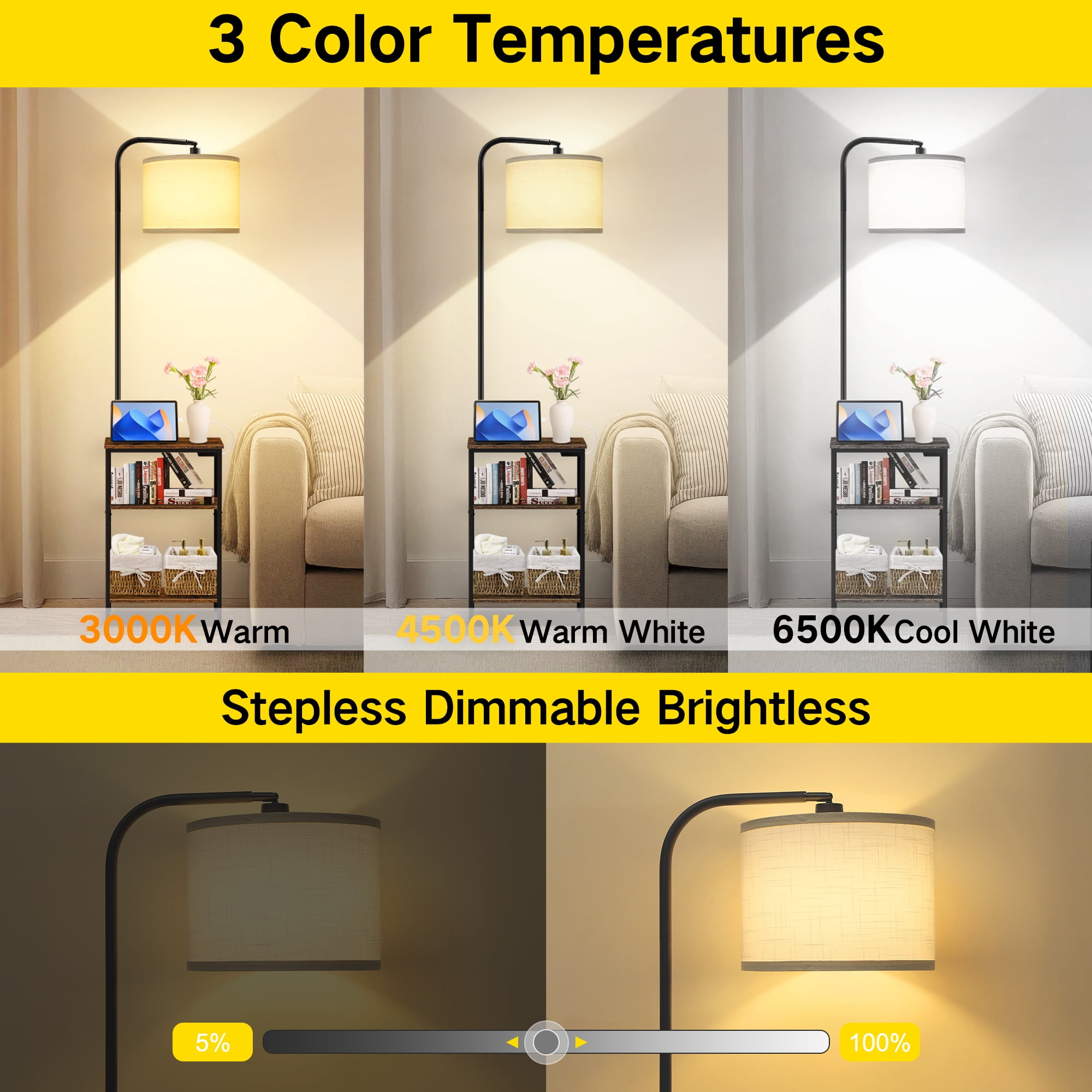 OUTONLIFE Floor Lamp with Table for Living Room with USB & Type C Charging Station, End Table Lamp with 3-Color Temperature LED Bulb for Bedroom, Brown