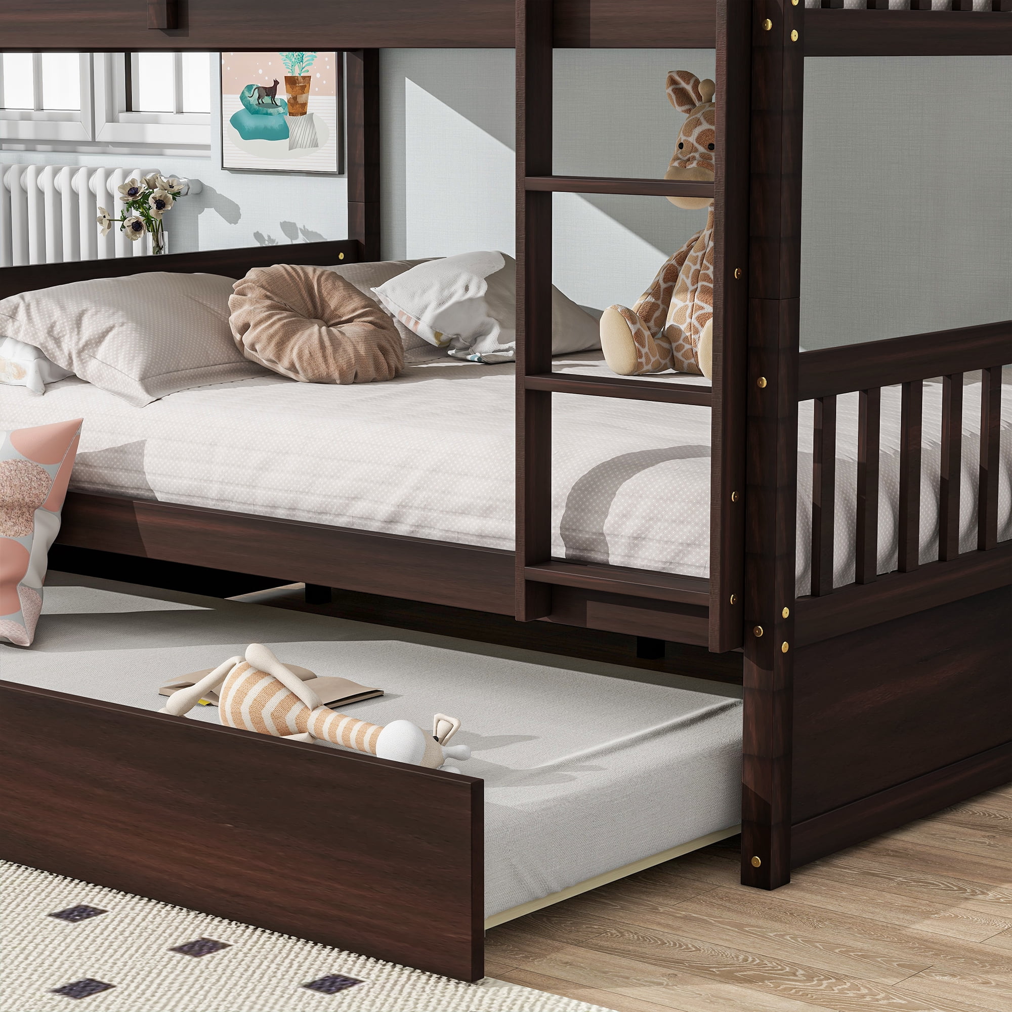 Leumius Full Over Full Size Bed Frame with Trundle, Ladder and Guardrails, Convertible to 2 Full Size Beds, Rubber Wood Bed with Twin Size Trundle for Boys Girls Espresso