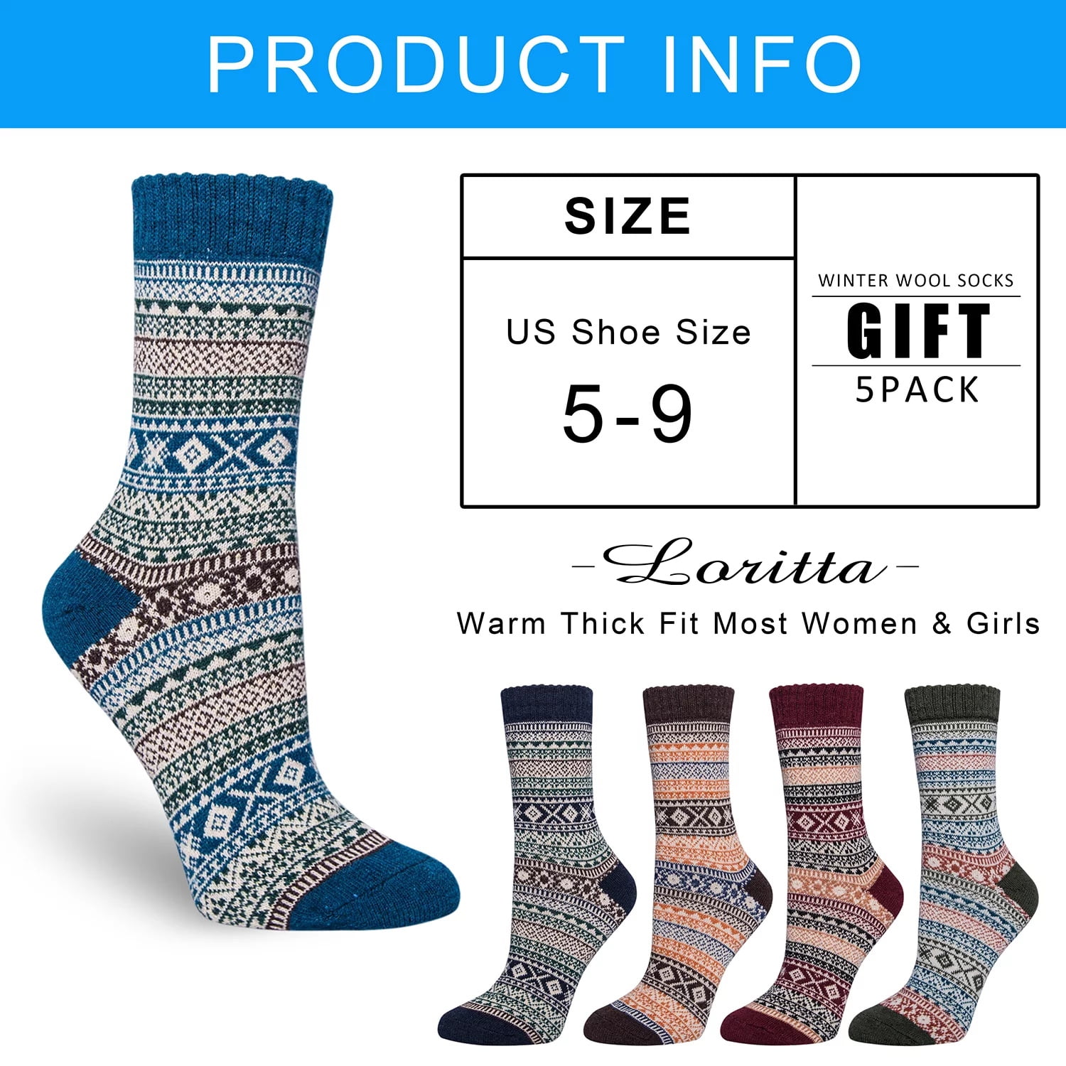 Wool Socks for Women, 5 Pairs Ladies Cozy Boot Winter Thermal Warm Thick Socks Size 5-9